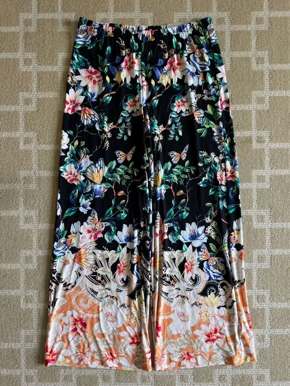 Chico’s Butterfly Garden Floral Palazzo Wide Leg Pants Black Multi 1R (US 8-10)